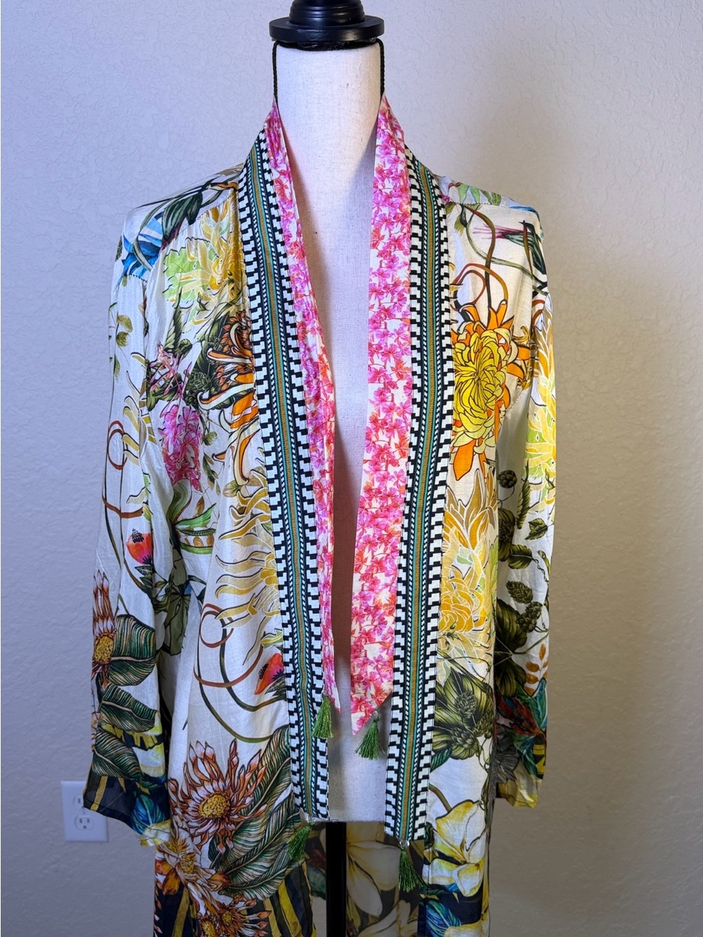 Cienna Australia NWT Silk Floral Open Front Kimono Pink Green Accents Size S-M